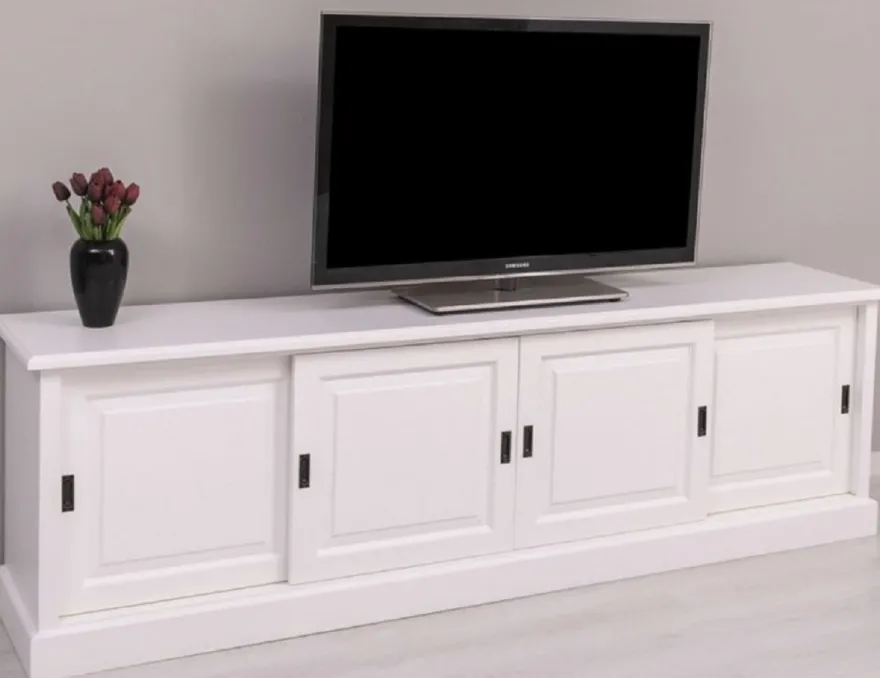 Casa Padrino Landhausstil TV Schrank Weiß 230 x 46 x H. 70 cm - Massivholz Sideboard - Landhausstil Wohnzimmer Möbel