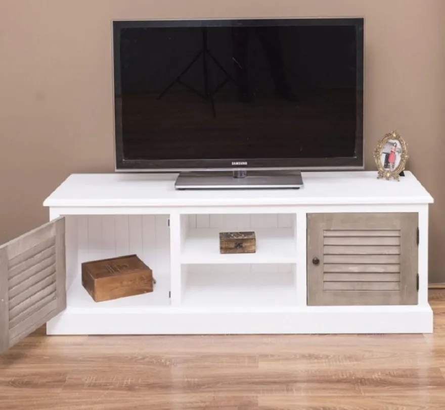 Casa Padrino Landhausstil TV Schrank Weiß / Grau 160 x 46 x H. 56 cm - Massivholz Sideboard - Landhausstil Wohnzimmer Möbel