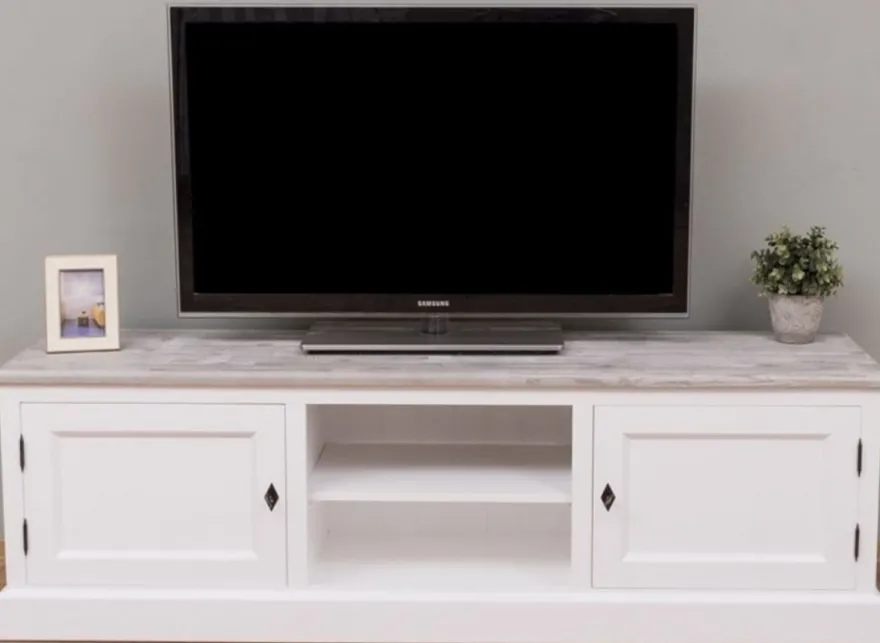 Casa Padrino Landhausstil TV Schrank Weiß / Grau 180 x 46 x H. 56 cm - Massivholz Fernsehschrank mit 2 Türen - Landhausstil Wohnzimmer Möbel