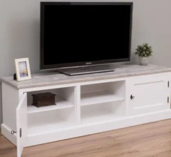 Casa Padrino Landhausstil TV Schrank Weiß / Grau 180 x 46 x H. 56 cm - Massivholz Fernsehschrank mit 2 Türen - Landhausstil Wohnzimmer Möbel
