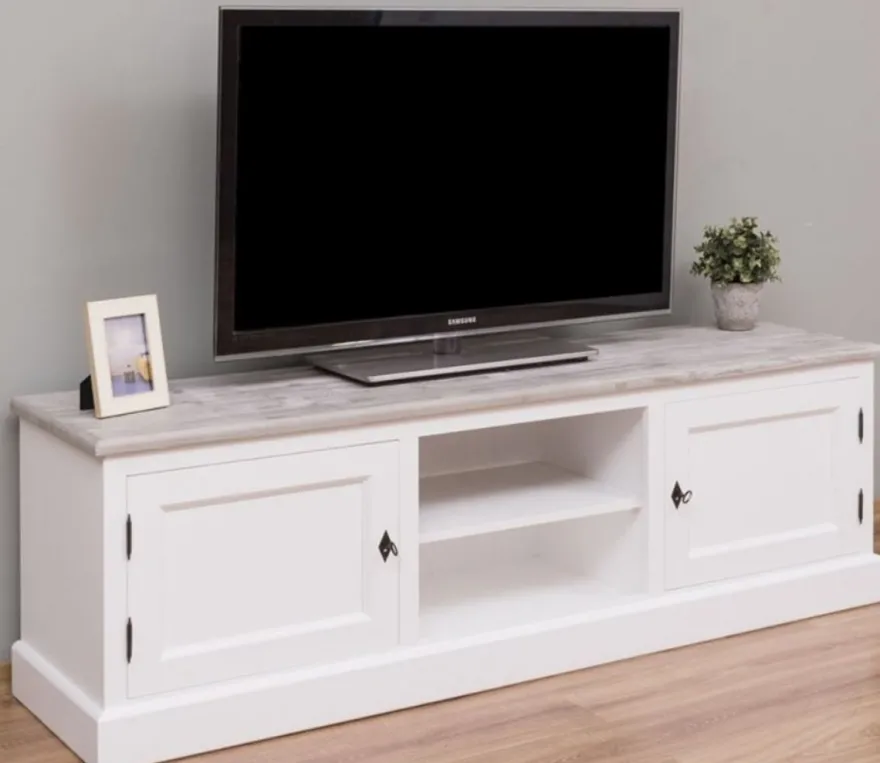 Casa Padrino Landhausstil TV Schrank Weiß / Grau 180 x 46 x H. 56 cm - Massivholz Fernsehschrank mit 2 Türen - Landhausstil Wohnzimmer Möbel