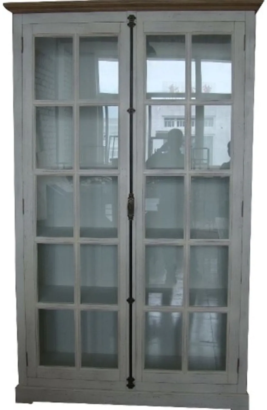 Casa Padrino Landhausstil Vitrine Antik Weiß / Naturfarben 136 x 43 x H. 222 cm - Vitrinenschrank mit 2 Glastüren