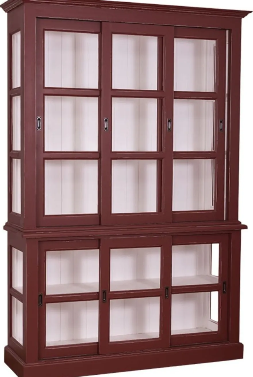 Casa Padrino Landhausstil Vitrinenschrank Antik Bordeauxrot / Weiß 151 x 47 x H. 220 cm - Wohnzimmerschrank mit 6 Schiebetüren
