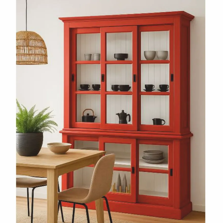 Casa Padrino Landhausstil Vitrine mit 6 Schiebetüren Rot / Weiß 151 x 47 x H. 220 cm