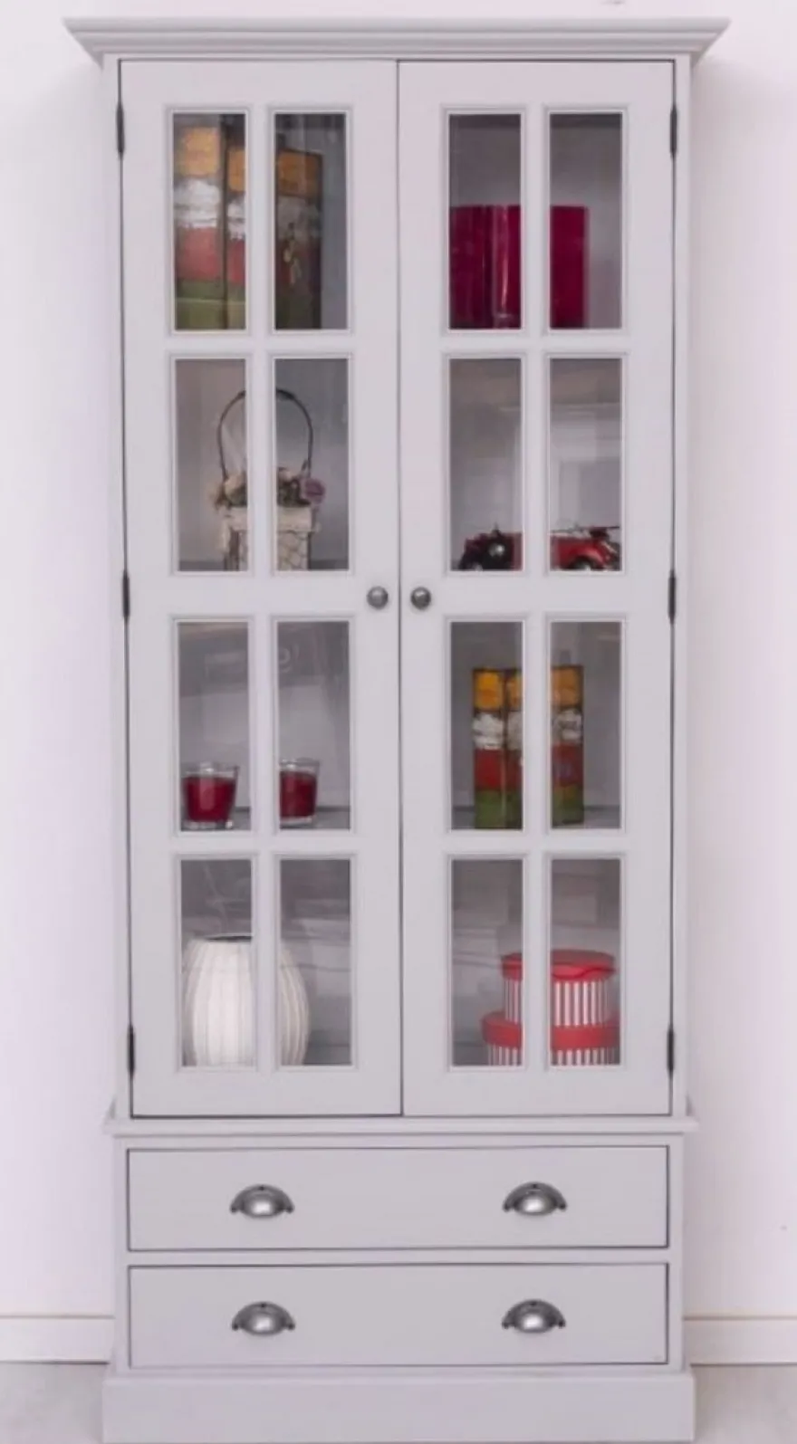 Casa Padrino Landhausstil Vitrine Hellgrau 91 x 47 x H. 200 cm - Massivholz Vitrinenschrank mit 2 Türen und 2 Schubladen - Landhausstil Möbel - Massivholz Möbel - Esszimmer Möbel