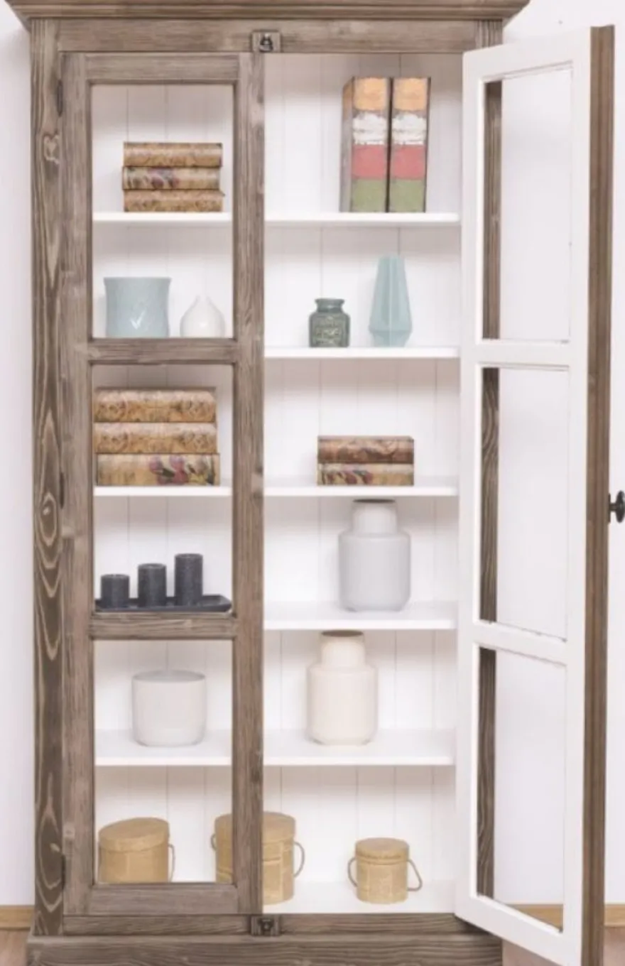 Casa Padrino Landhausstil Vitrine Braun / Weiß 109 x 40 x H. 210 cm - Massivholz Schrank mit 2 Glastüren - Vitrinenschrank - Landhausstil Möbel