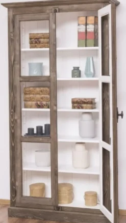 Casa Padrino Landhausstil Vitrine Braun / Weiß 109 x 40 x H. 210 cm - Massivholz Schrank mit 2 Glastüren - Vitrinenschrank - Landhausstil Möbel