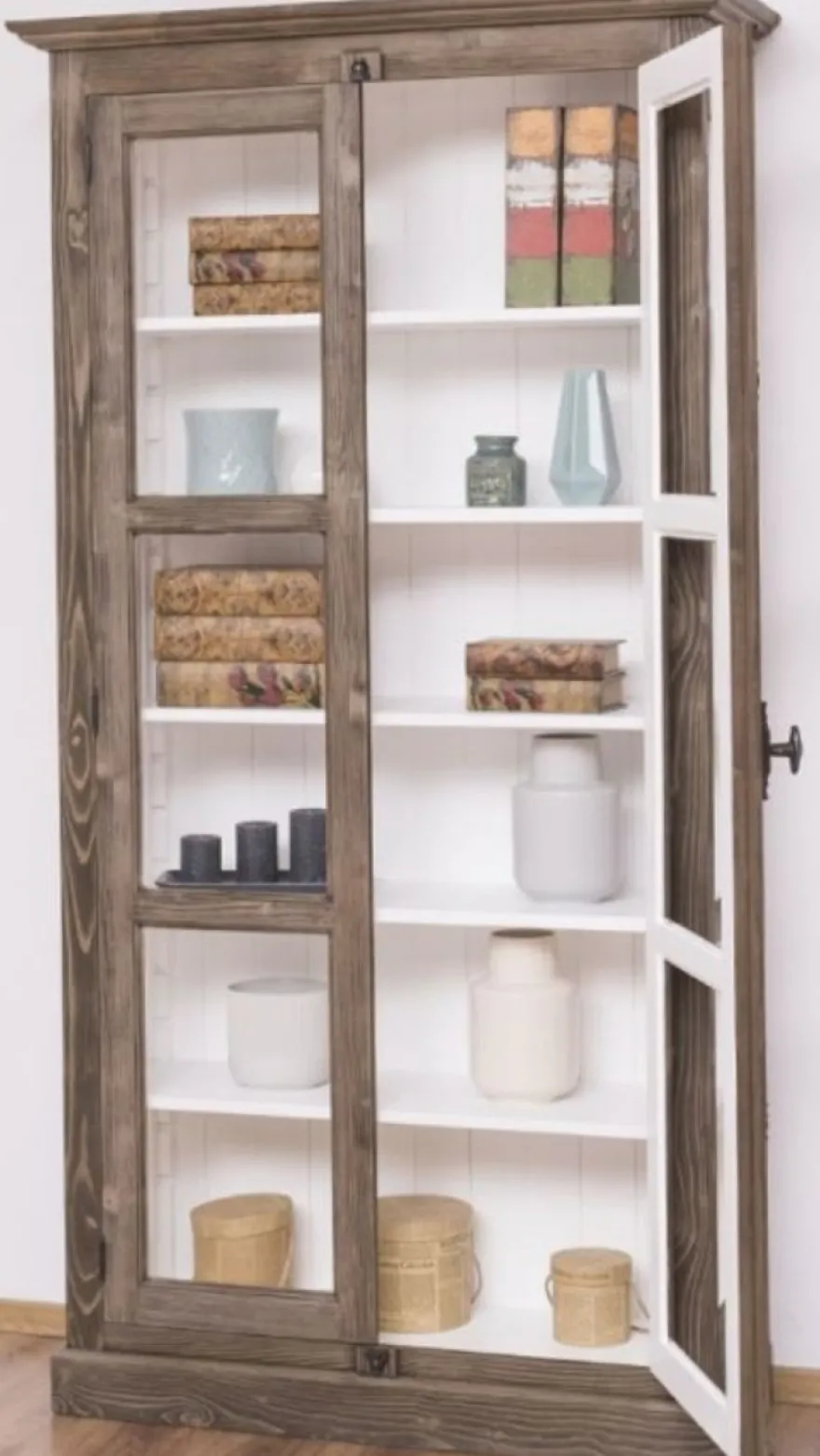 Casa Padrino Landhausstil Vitrine Braun / Weiß 109 x 40 x H. 210 cm - Massivholz Schrank mit 2 Glastüren - Vitrinenschrank - Landhausstil Möbel