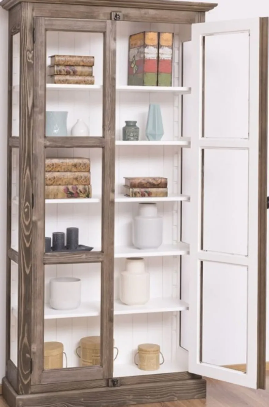 Casa Padrino Landhausstil Vitrine Braun / Weiß 109 x 40 x H. 210 cm - Massivholz Schrank mit 2 Glastüren - Vitrinenschrank - Landhausstil Möbel