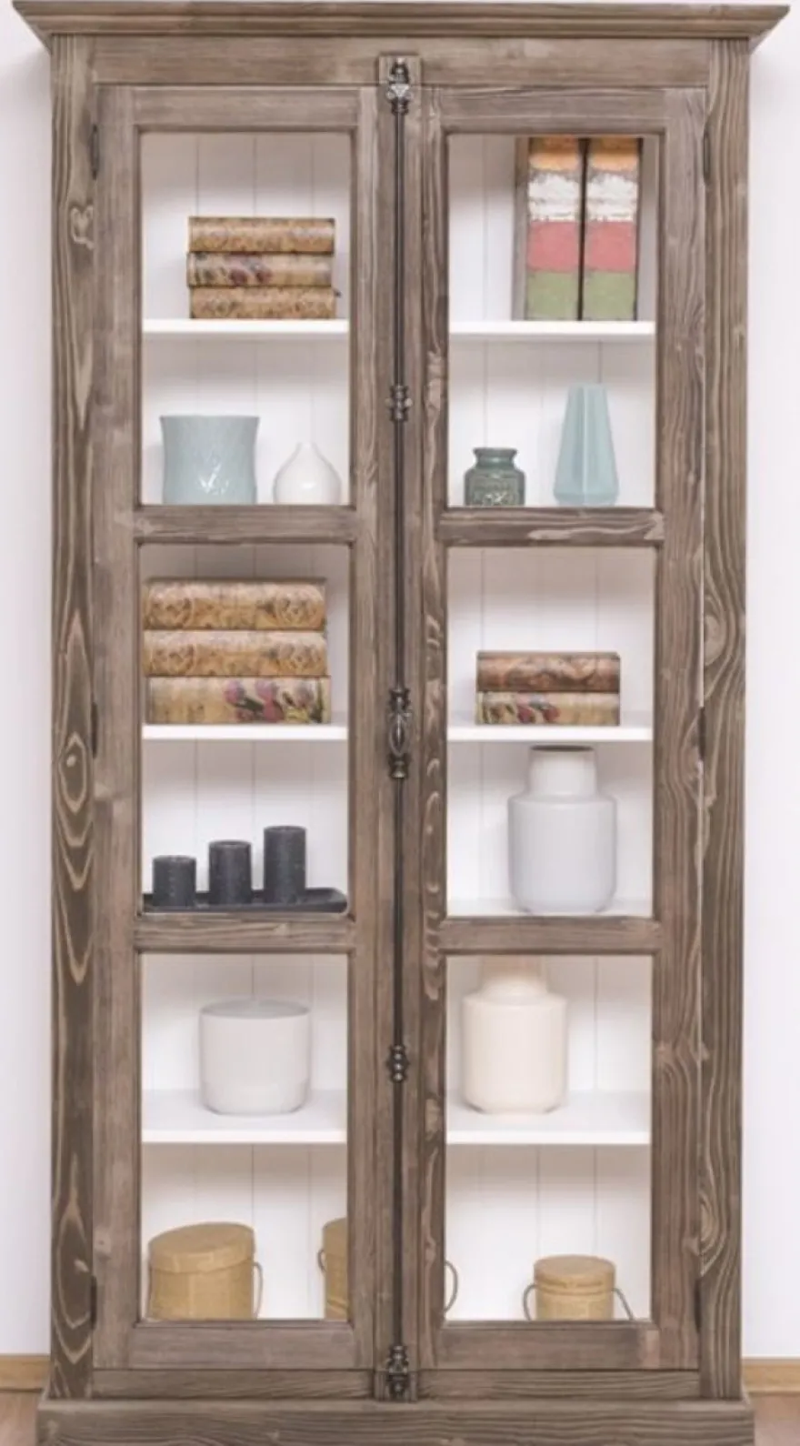 Casa Padrino Landhausstil Vitrine Braun / Weiß 109 x 40 x H. 210 cm - Massivholz Schrank mit 2 Glastüren - Vitrinenschrank - Landhausstil Möbel