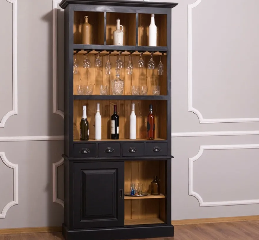 Casa Padrino Landhausstil Weinschrank Schwarz / Naturfarben 103 x 36 x H. 210 cm - Barschrank im Landhausstil