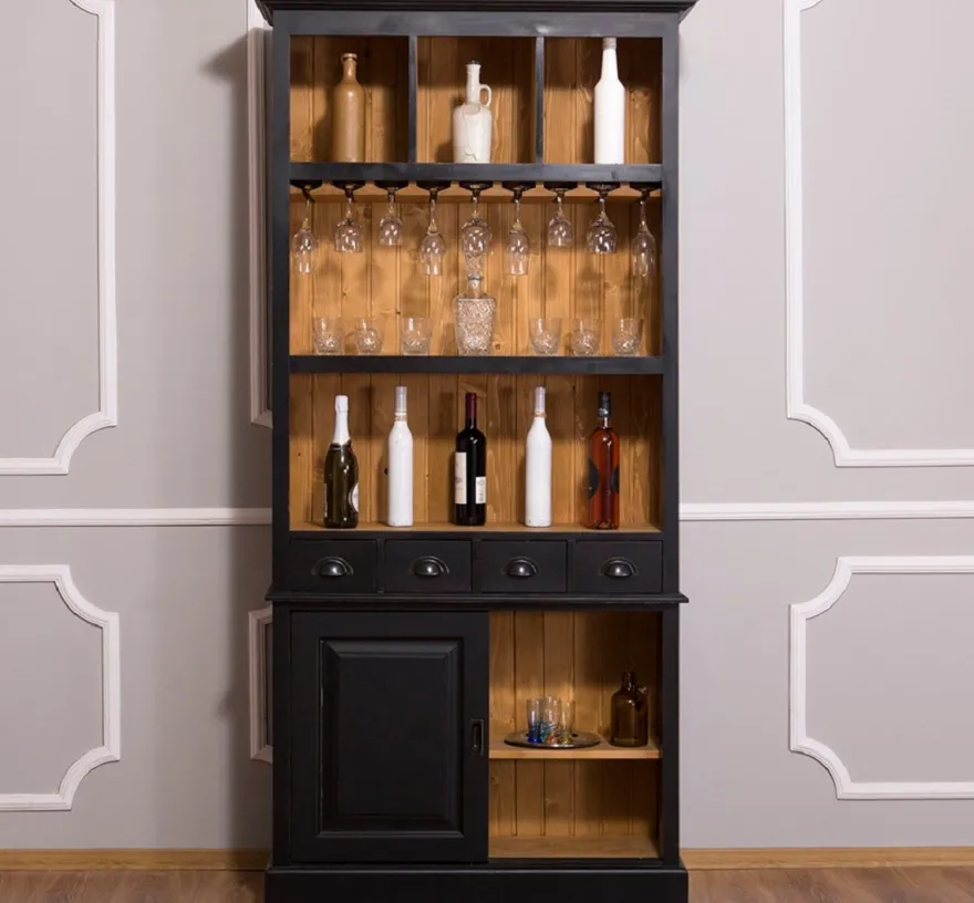 Casa Padrino Landhausstil Weinschrank Schwarz / Naturfarben 103 x 36 x H. 210 cm - Barschrank im Landhausstil