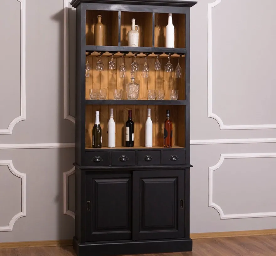 Casa Padrino Landhausstil Weinschrank Schwarz / Naturfarben 103 x 36 x H. 210 cm - Barschrank im Landhausstil