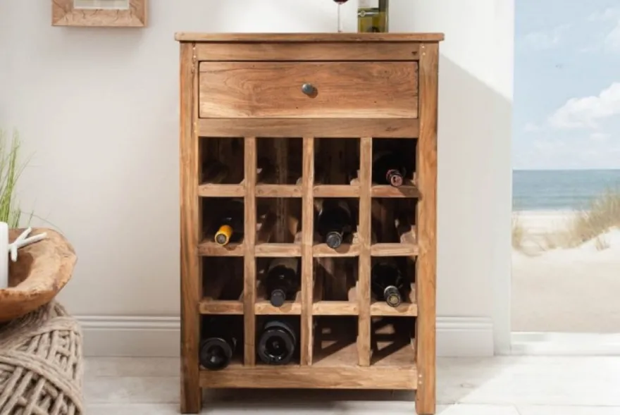 Casa Padrino Landhausstil Weinschrank mit Schublade und Weinflaschen Regal Naturfarben 56 x 31 x H. 81 cm - Barschrank aus recyceltem Massivholz - Bar Möbel - Landhausstil Möbel