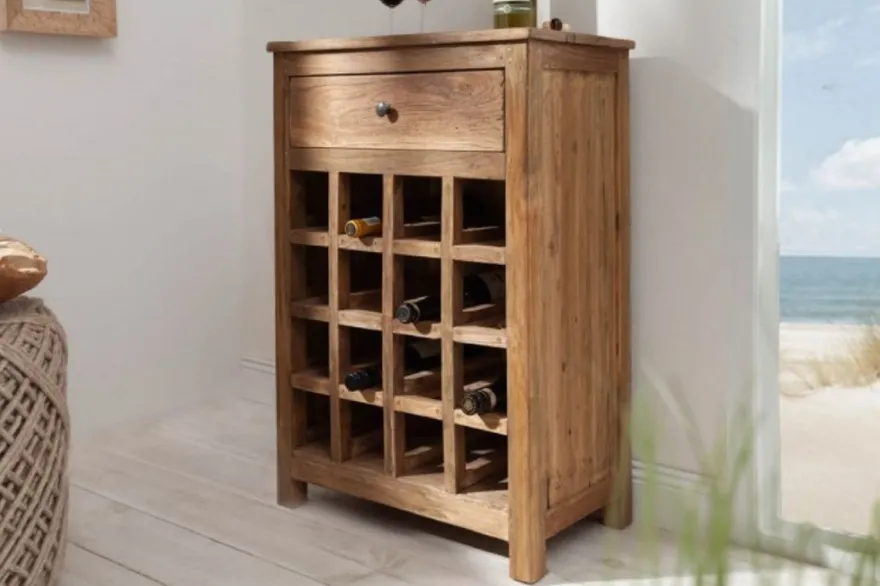 Casa Padrino Landhausstil Weinschrank mit Schublade und Weinflaschen Regal Naturfarben 56 x 31 x H. 81 cm - Barschrank aus recyceltem Massivholz - Bar Möbel - Landhausstil Möbel