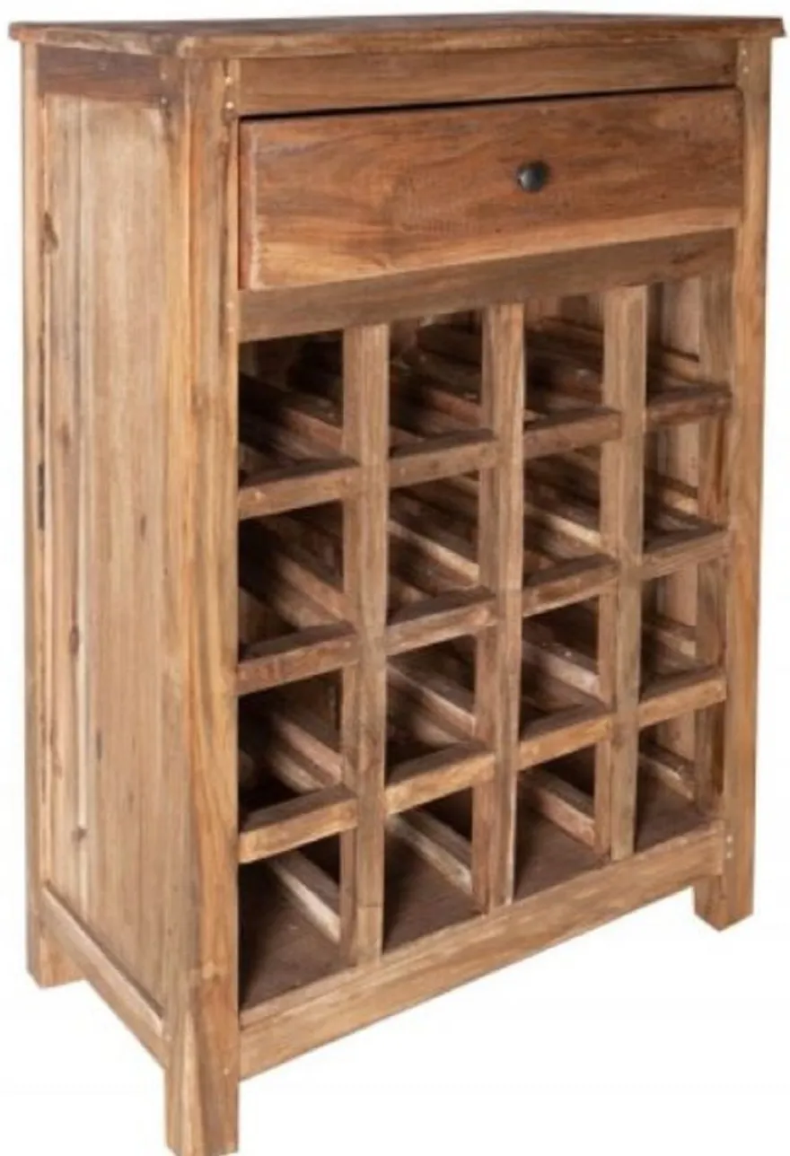 Casa Padrino Landhausstil Weinschrank mit Schublade und Weinflaschen Regal Naturfarben 56 x 31 x H. 81 cm - Barschrank aus recyceltem Massivholz - Bar Möbel - Landhausstil Möbel