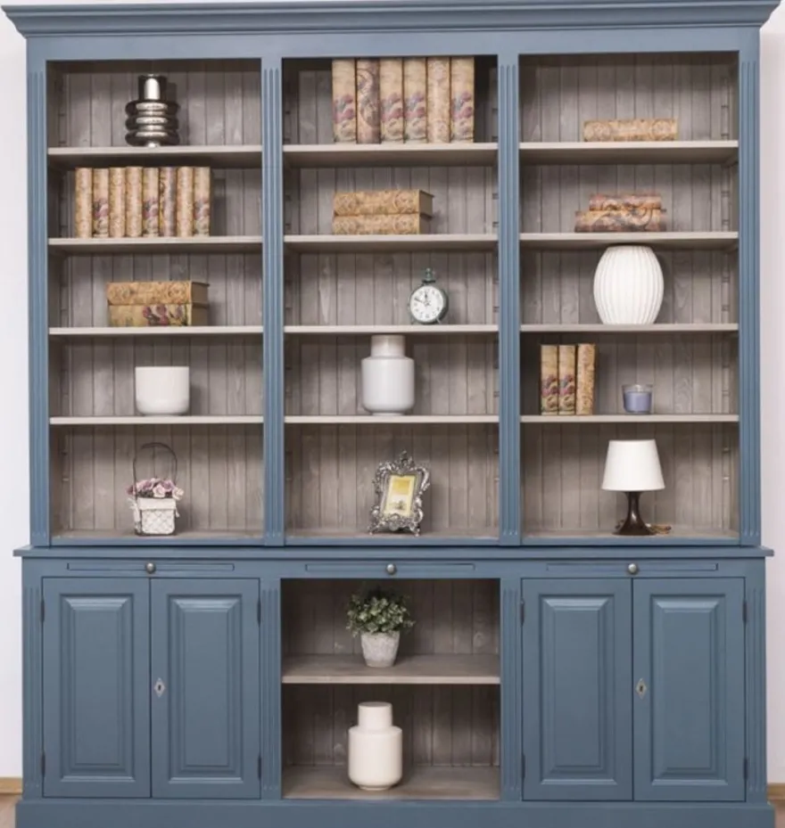 Casa Padrino Landhausstil Wohnzimmerschrank Blau / Grau 229 x 51 x H. 244 cm - Massivholz Schrank - Bücherschrank - Regalschrank - Landhausstil Möbel