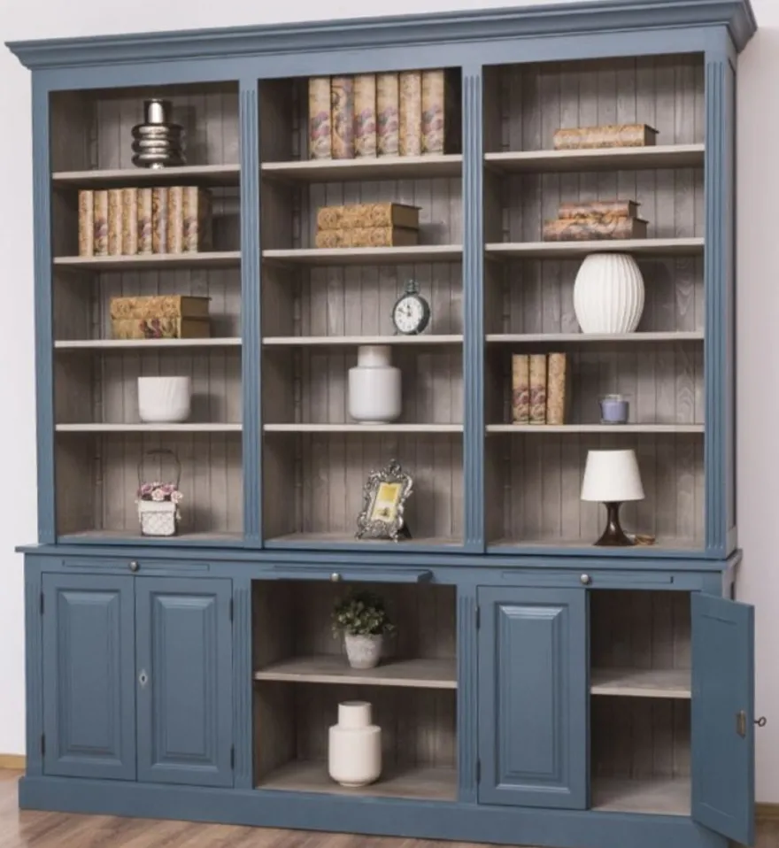 Casa Padrino Landhausstil Wohnzimmerschrank Blau / Grau 229 x 51 x H. 244 cm - Massivholz Schrank - Bücherschrank - Regalschrank - Landhausstil Möbel