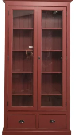 Casa Padrino Landhausstil Wohnzimmer Vitrinenschrank Bordeauxrot 109 x 39 x H. 210 cm - Wohnzimmerschrank mit 2 Glastüren und 2 Schubladen
