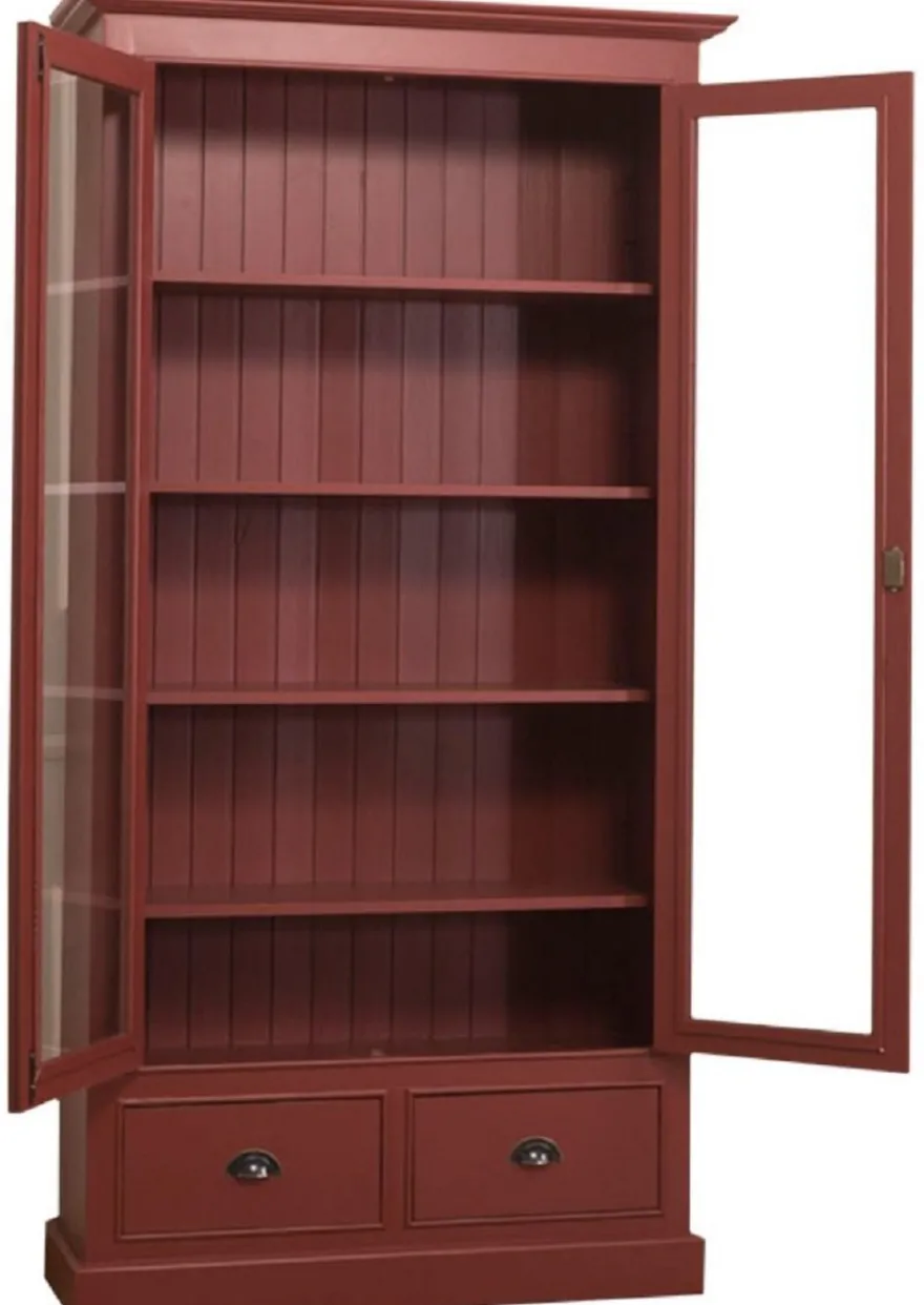 Casa Padrino Landhausstil Wohnzimmer Vitrinenschrank Bordeauxrot 109 x 39 x H. 210 cm - Wohnzimmerschrank mit 2 Glastüren und 2 Schubladen