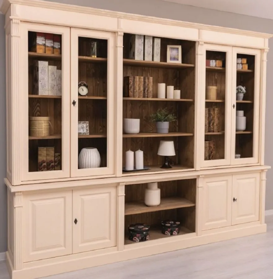 Casa Padrino Landhausstil Wohnzimmerschrank Cremefarben / Braun 286 x 51 x H. 228 cm - Massivholz Schrank - Bücherschrank - Regalschrank - Landhausstil Möbel