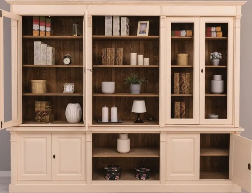 Casa Padrino Landhausstil Wohnzimmerschrank Cremefarben / Braun 286 x 51 x H. 228 cm - Massivholz Schrank - Bücherschrank - Regalschrank - Landhausstil Möbel