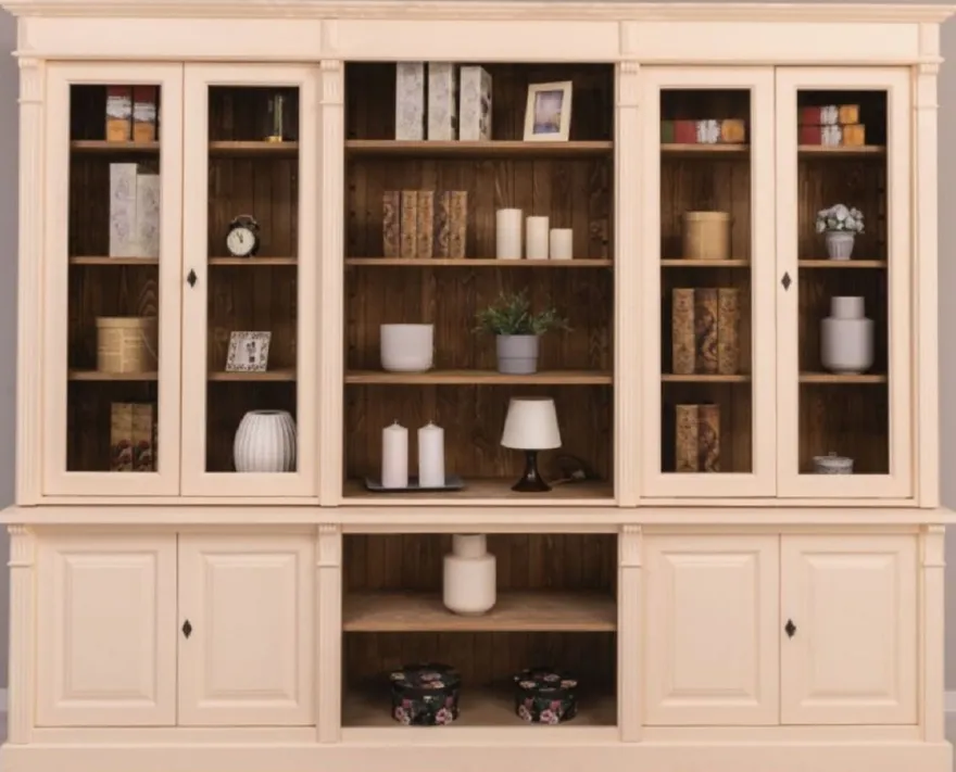 Casa Padrino Landhausstil Wohnzimmerschrank Cremefarben / Braun 286 x 51 x H. 228 cm - Massivholz Schrank - Bücherschrank - Regalschrank - Landhausstil Möbel