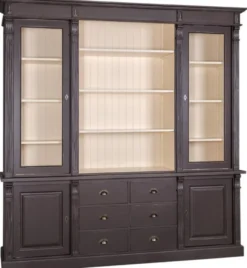 Casa Padrino Landhausstil Wohnzimmerschrank Antik Schwarz / Creme 223 x 51 x H. 240 cm - Bücherschrank mit 4 Türen und 6 Schubladen - Massivholz Schrank - Landhausstil Möbel