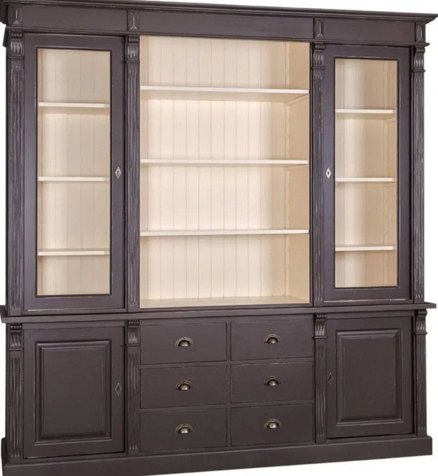 Casa Padrino Landhausstil Wohnzimmerschrank Antik Schwarz / Creme 223 x 51 x H. 240 cm - Bücherschrank mit 4 Türen und 6 Schubladen - Massivholz Schrank - Landhausstil Möbel