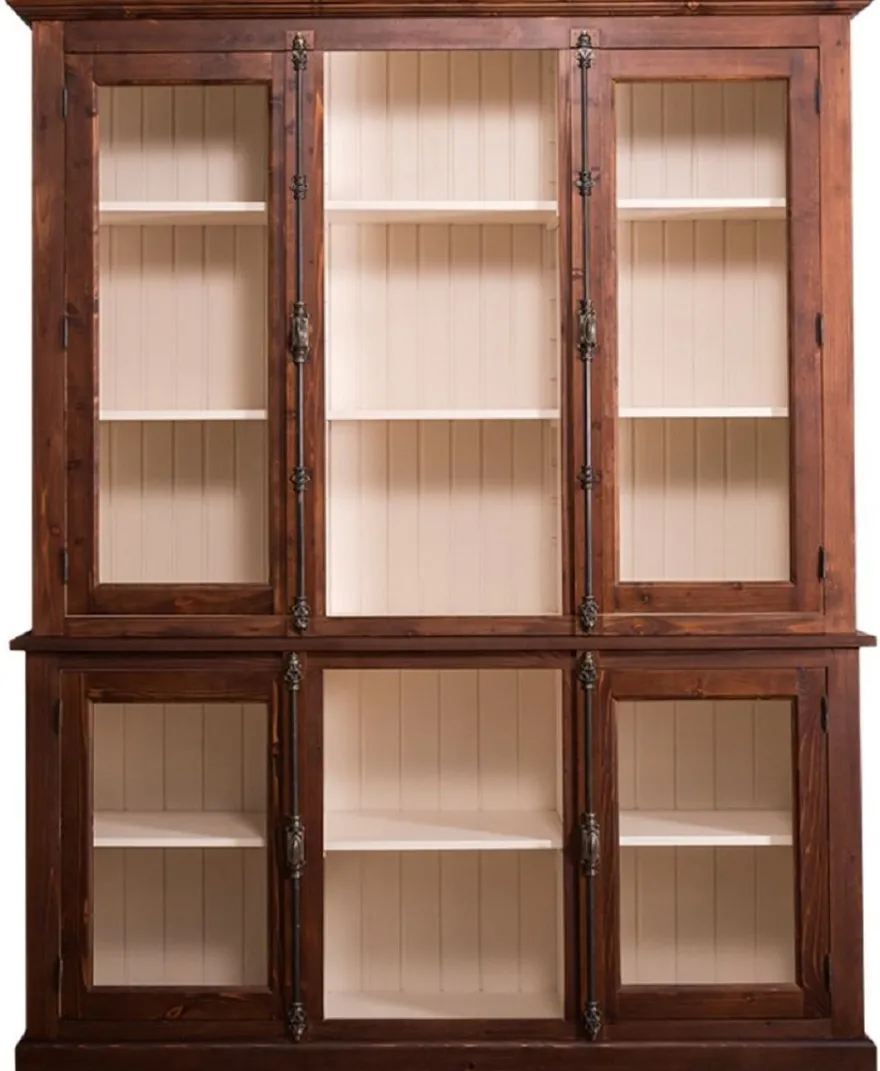 Casa Padrino Landhausstil Wohnzimmerschrank Dunkelbraun / Creme 184 x 48 x H. 228 cm - Massivholz Vitrinenschrank mit 4 Glastüren