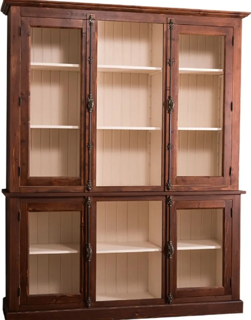 Casa Padrino Landhausstil Wohnzimmerschrank Dunkelbraun / Creme 184 x 48 x H. 228 cm - Massivholz Vitrinenschrank mit 4 Glastüren
