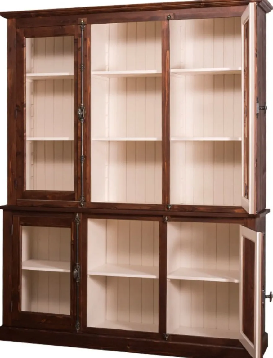 Casa Padrino Landhausstil Wohnzimmerschrank Dunkelbraun / Creme 184 x 48 x H. 228 cm - Massivholz Vitrinenschrank mit 4 Glastüren