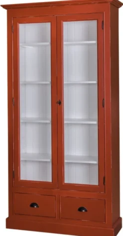 Casa Padrino Landhausstil Wohnzimmer Vitrinenschrank Antik Rot / Weiß 109 x 39 x H. 210 cm - Wohnzimmerschrank mit 2 Glastüren und 2 Schubladen