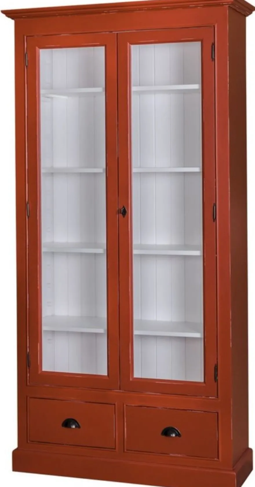 Casa Padrino Landhausstil Wohnzimmer Vitrinenschrank Antik Rot / Weiß 109 x 39 x H. 210 cm - Wohnzimmerschrank mit 2 Glastüren und 2 Schubladen