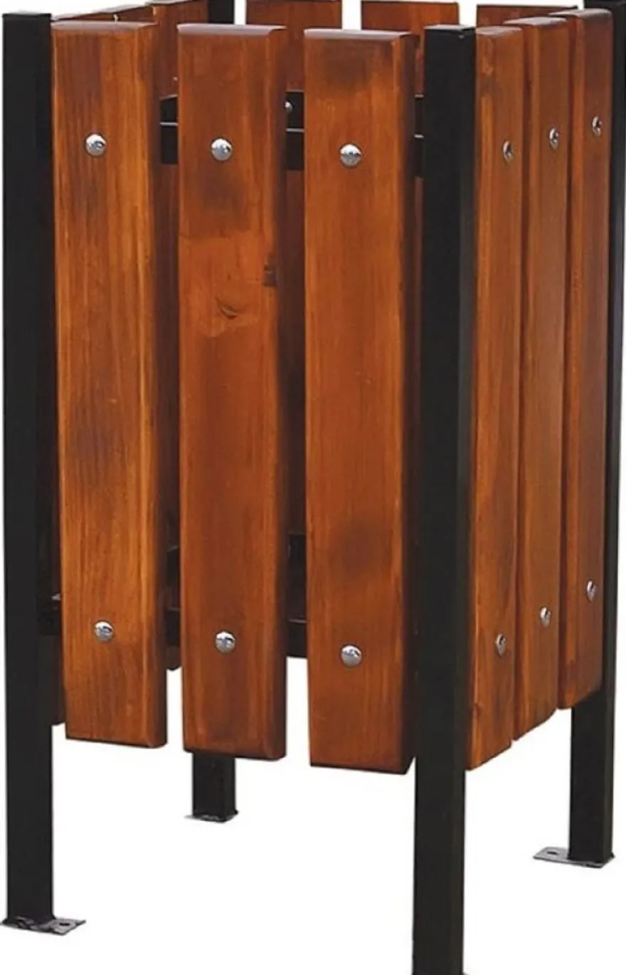 Casa Padrino Luxus Abfallbehälter Dunkelbraun / Schwarz 38 x 38 x H. 70 cm - Massivholz Abfallbehälter mit Stahl Beinen - Garten Mülleimer - Terrassen Mülleimer - Gastronomie Abfallbehälter