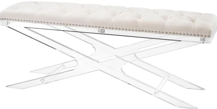 Casa Padrino Luxus Acryl Sitzbank mit Naturfarbenem Samtstoff 120 x 40 x H. 48,5 cm - Designermöbel