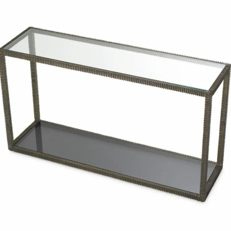 Casa Padrino Luxus Aluguss Konsole mit Glasplatten Bronze / Grau 140 cm - Luxus Möbel