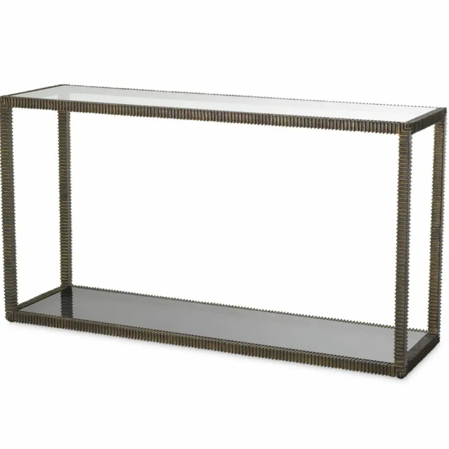 Casa Padrino Luxus Aluguss Konsole mit Glasplatten Bronze / Grau 140 cm - Luxus Möbel