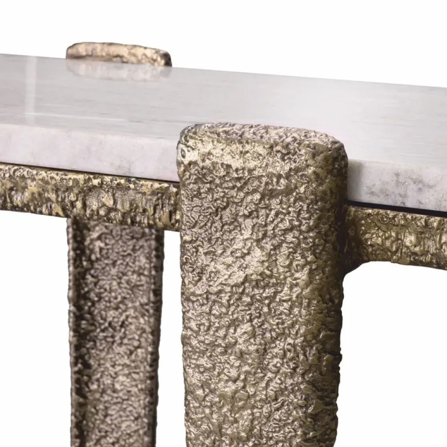 Casa Padrino Luxus Aluminium Konsole mit Marmorplatte Antik Messing / Beige 140 cm