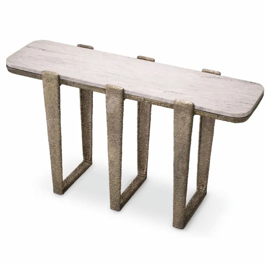 Casa Padrino Luxus Aluminium Konsole mit Marmorplatte Antik Messing / Beige 140 cm