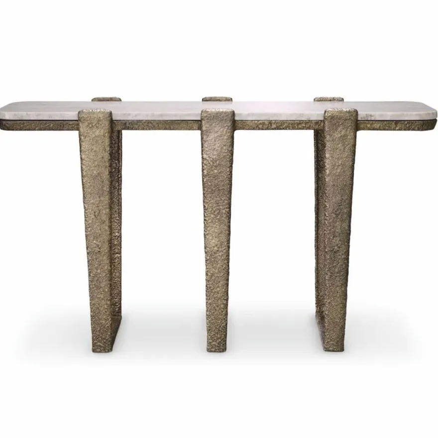 Casa Padrino Luxus Aluminium Konsole mit Marmorplatte Antik Messing / Beige 140 cm