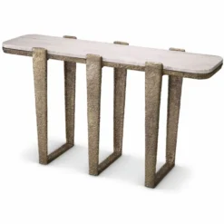 Casa Padrino Luxus Aluminium Konsole mit Marmorplatte Antik Messing / Beige 140 cm