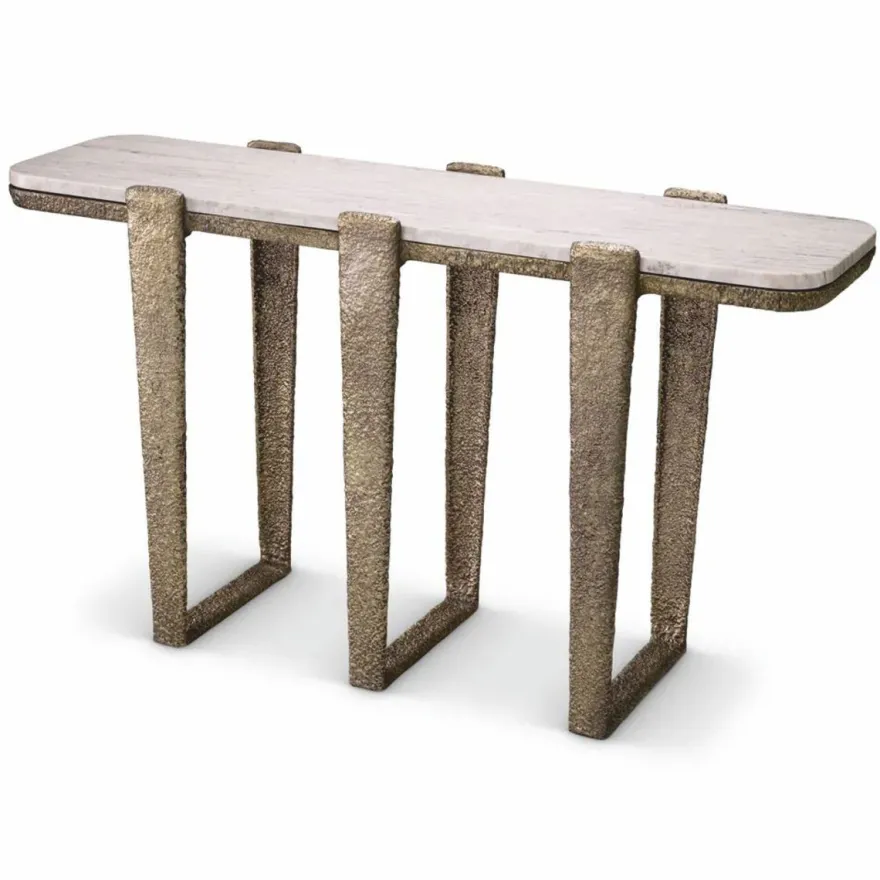 Casa Padrino Luxus Aluminium Konsole mit Marmorplatte Antik Messing / Beige 140 cm