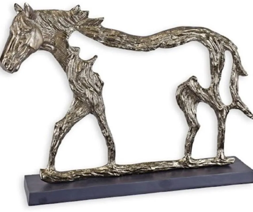 Casa Padrino Luxus Aluminium Deko Skulptur Pferd Silber / Grau 58,7 x 11,5 x H. 43,2 cm - Aluminium Deko Figur mit Holzsockel - Wohnzimmer Deko - Schreibtisch Deko