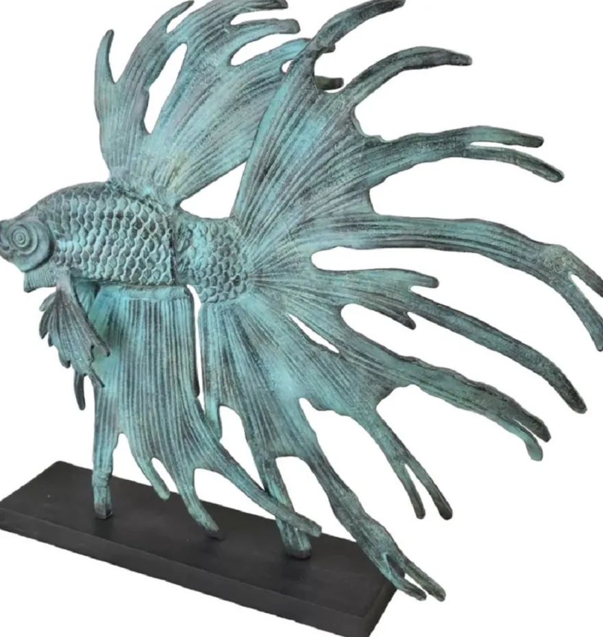 Casa Padrino Luxus Aluminium Deko Skulptur siamesischer Kampffisch Türkis / Schwarz 55 x 11,5 x H. 52,5 cm - Aluminium Deko Figur mit Holzsockel - Wohnzimmer Deko - Schreibtisch Deko