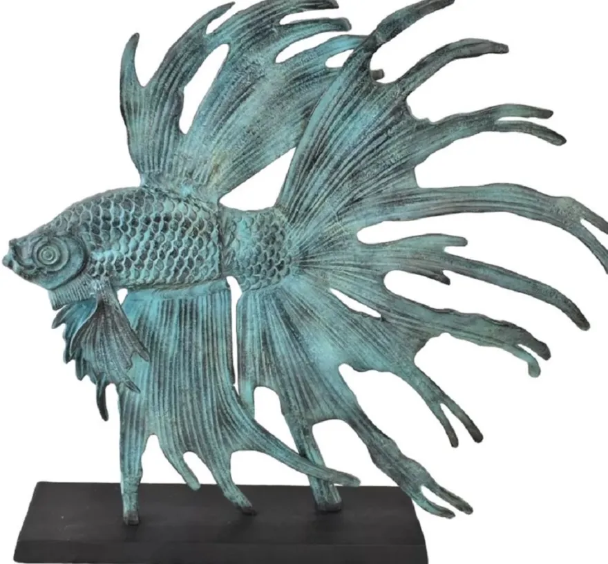 Casa Padrino Luxus Aluminium Deko Skulptur siamesischer Kampffisch Türkis / Schwarz 55 x 11,5 x H. 52,5 cm - Aluminium Deko Figur mit Holzsockel - Wohnzimmer Deko - Schreibtisch Deko
