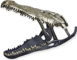 Casa Padrino Luxus Aluminium Deko Skulptur Krokodil Schädel Silber / Schwarz 54,5 x 27 x H. 38,4 cm - Aluminium Deko Figur - Wohnzimmer Deko - Schreibtisch Deko