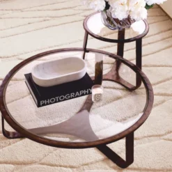 Casa Padrino Luxus Aluminium Couchtisch mit Glasplatte Bronze Ø 102 cm - Wohnzimmer Möbel