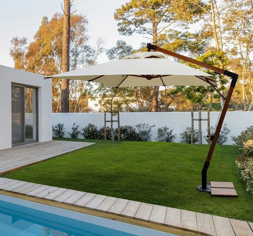 Casa Padrino Luxus Ampelschirm mit Ständer Braun / Schwarz / Creme 400 x 300 x H. 320 cm - Garten Sonnenschirm - Terrassen Sonnenschirm - Balkon Sonnenschirm - Garten Terrassen Balkon Accessoires
