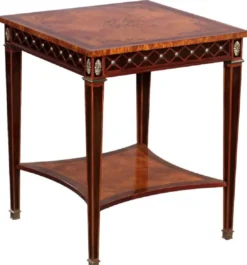 Casa Padrino Luxus Art Deco Beistelltisch Naturfarben / Braun Intarsien / Silber / Antik Messing 61 x 61 x H. 77 cm - Quadratischer Massivholz Tisch mit Schublade - Luxus Art Deco Wohnzimmer Möbel